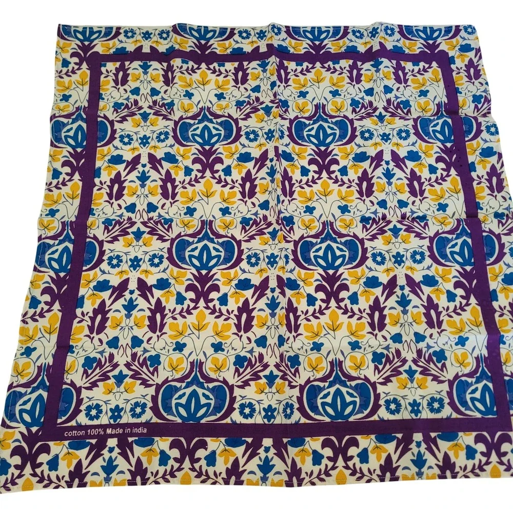 Floral Damask Cotton Scarf Bandana Purple Blue Yellow Hand Printed India 20x20
